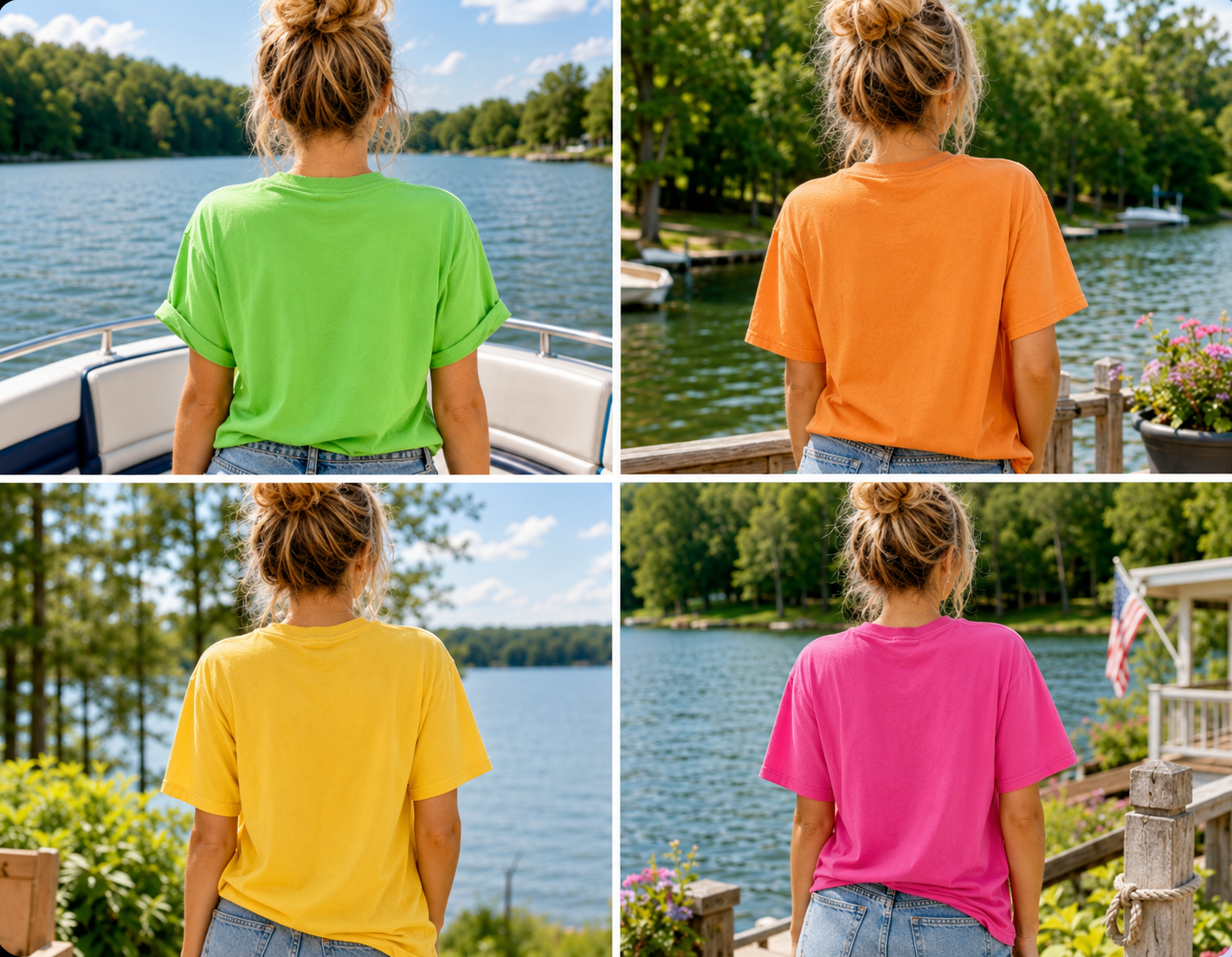 Person wearing different colored t-shirts by a lake with scenic views.
