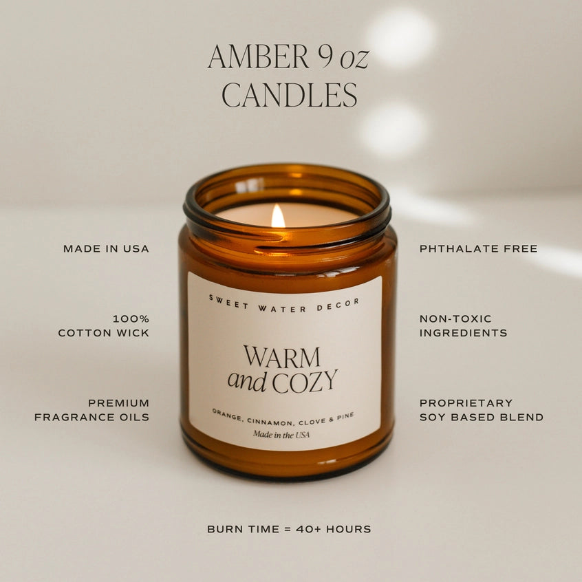 Amber 9 oz candle with 'Sweet Water Decor' label on a neutral background