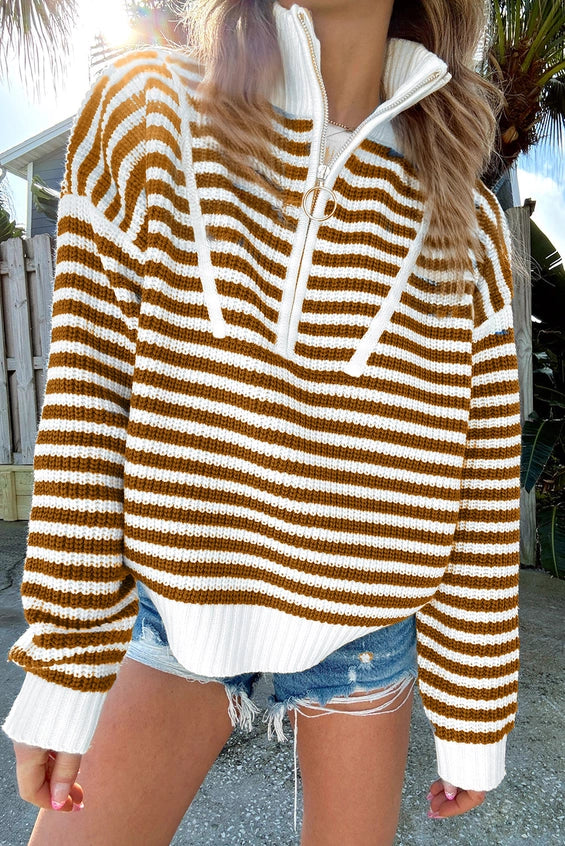 [Pre-Order!] Ari Half Zip Drop Shoulder Striped Sweater [Shipping 10/1]