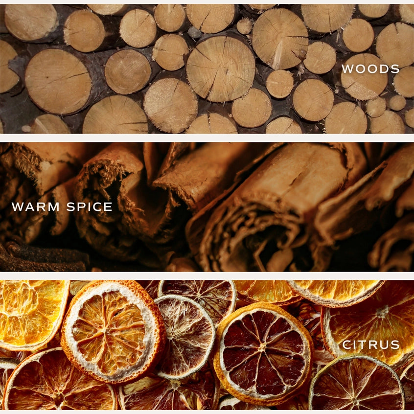 Three horizontal panels showing scent or flavor imagery: top labeled 'WOODS' with stacked natural wood logs, middle labeled 'WARM SPICE' with curled warm brown bark/spice pieces, and bottom labeled 'CITRUS' with dried orange and citrus slices.