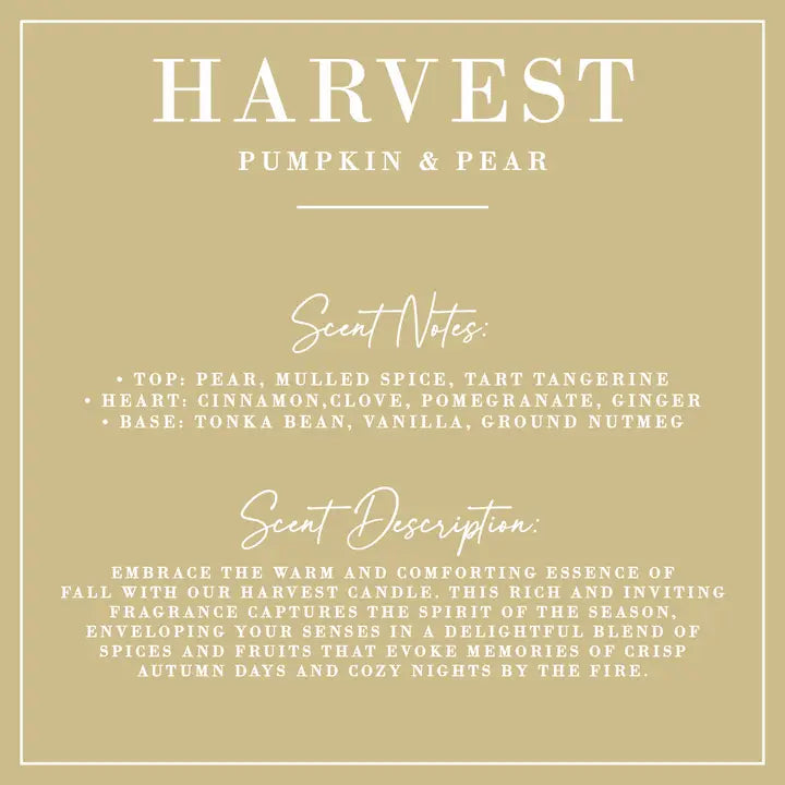 A square beige label or packaging card with a thin white border and white text reading 'HARVEST PUMPKIN & PEAR,' followed by scent notes and a scent description for a fall candle.