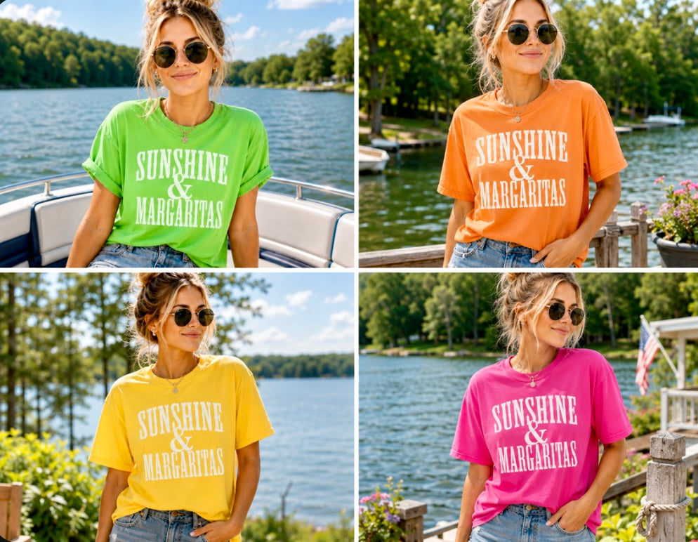 Four images of a woman wearing 'Sunshine & Margaritas' t-shirts in different colors by a lake.