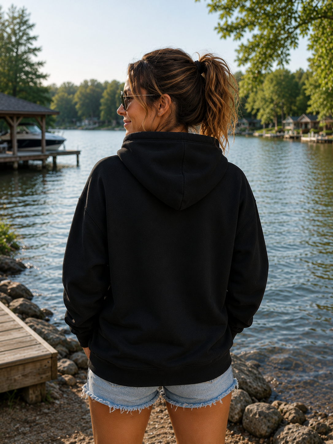 Woman wearing a black hoodie by a lake