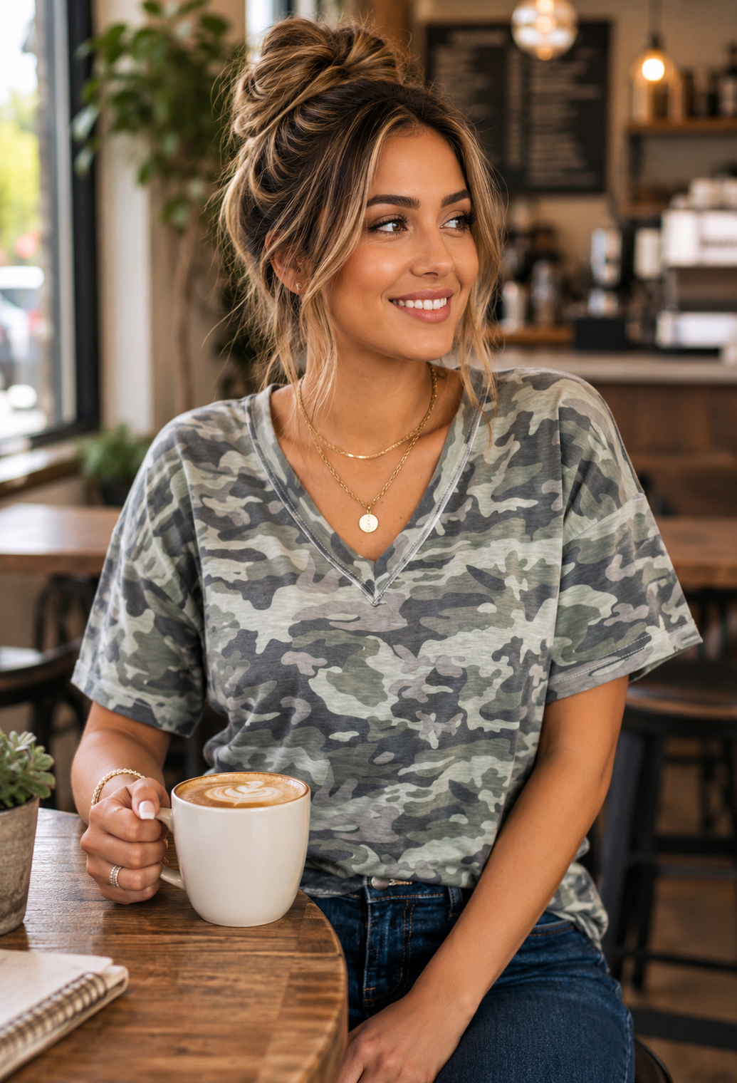 Woman in a camo shirt holding a coffee cup in a cafe