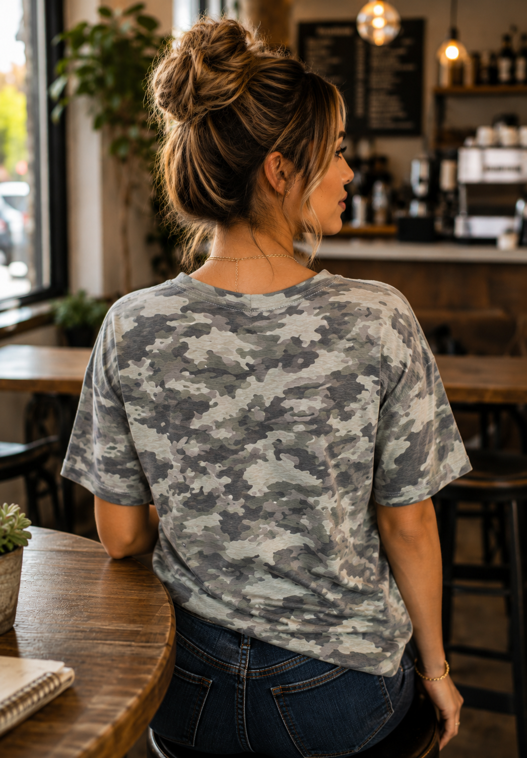 Woman wearing a camouflage t-shirt in a casual setting