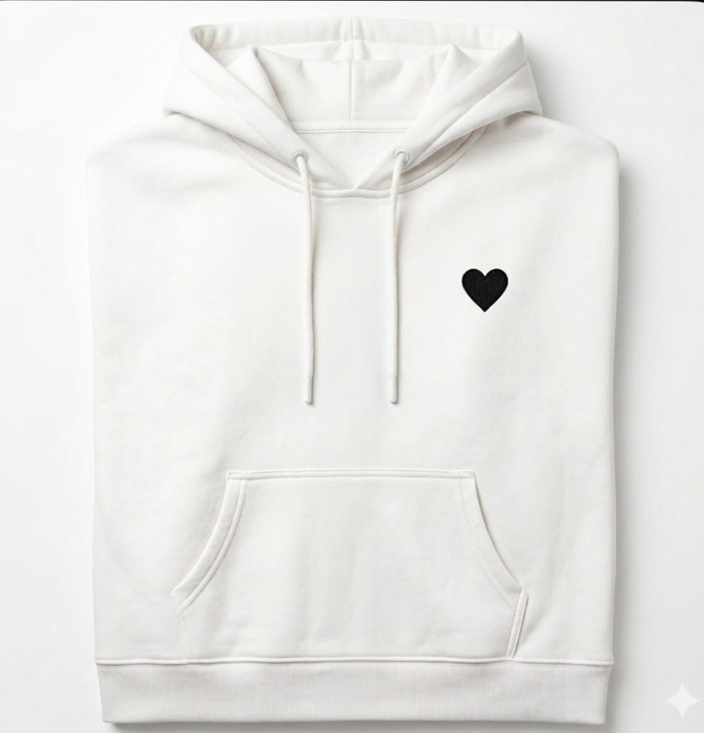 White hoodie with a black heart on a white background