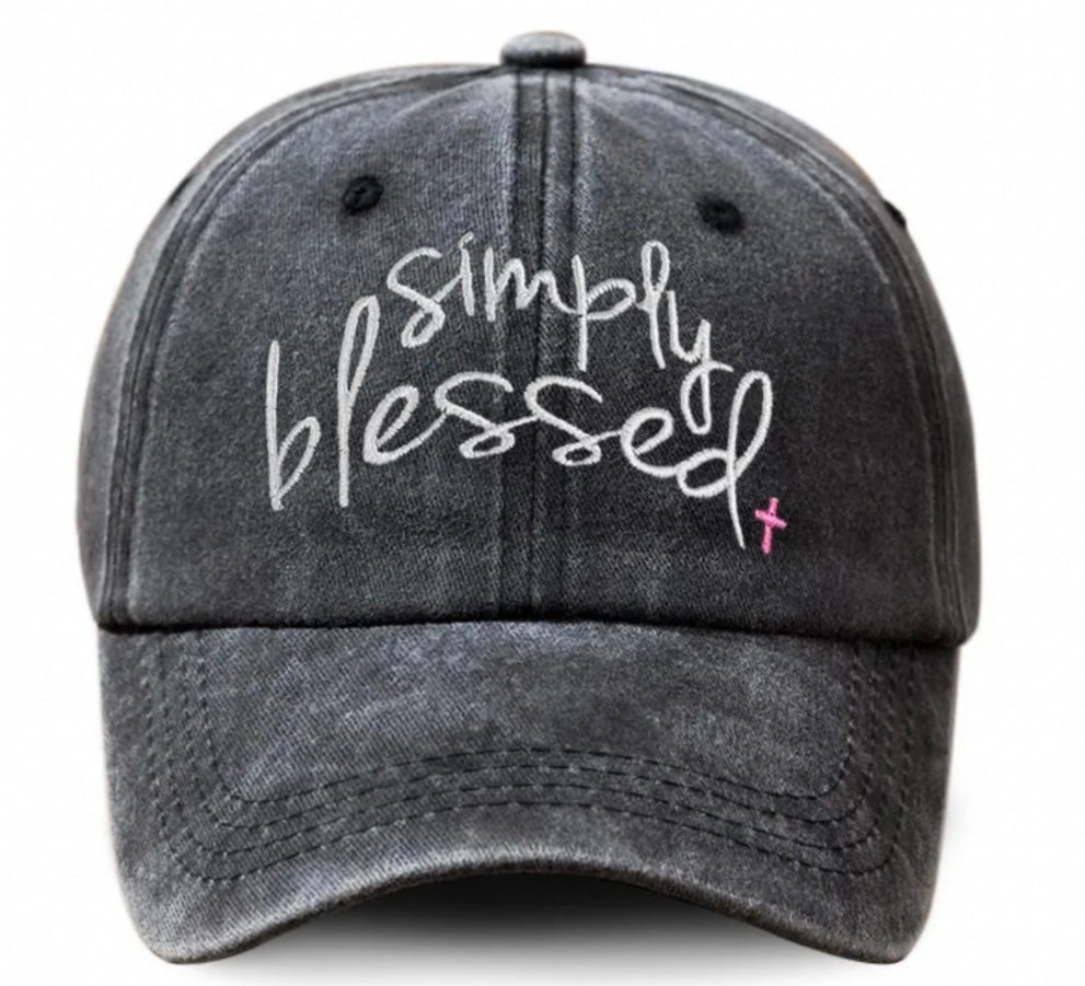 Black cap with 'Simply Blessed' text on a white background