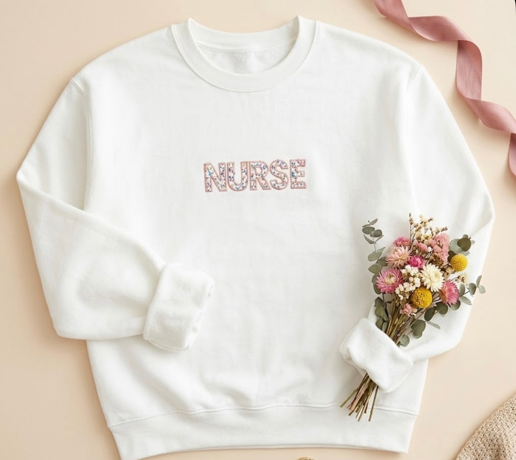 Floral nurse sweatshirt for women in beige white and pink | cute nurses gift | Heartfelt Designs