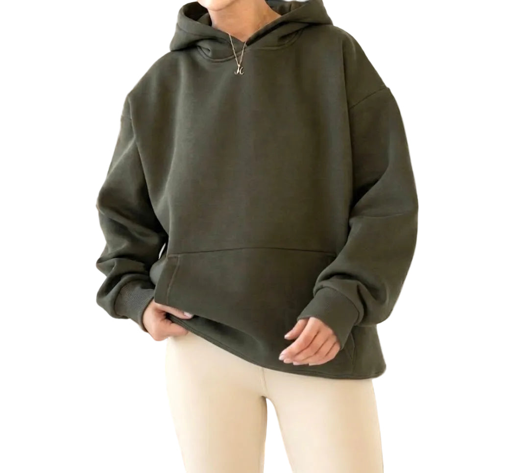 Person wearing a green hoodie with a white background.