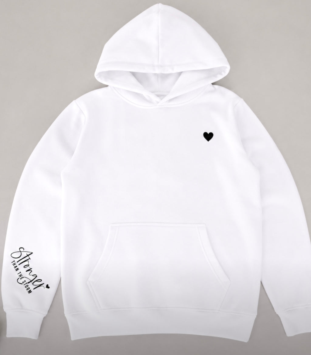 White Hoodie with black heart and Stronger than the Storm on sleeve