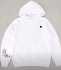 White Hoodie with black heart and Stronger than the Storm on sleeve