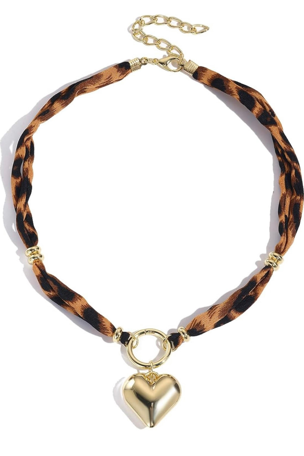 A braided choker necklace featuring a brown and black leopard print pattern with polished gold-tone hardware, including a heart-shaped pendant, ring clasp, and extension chain.