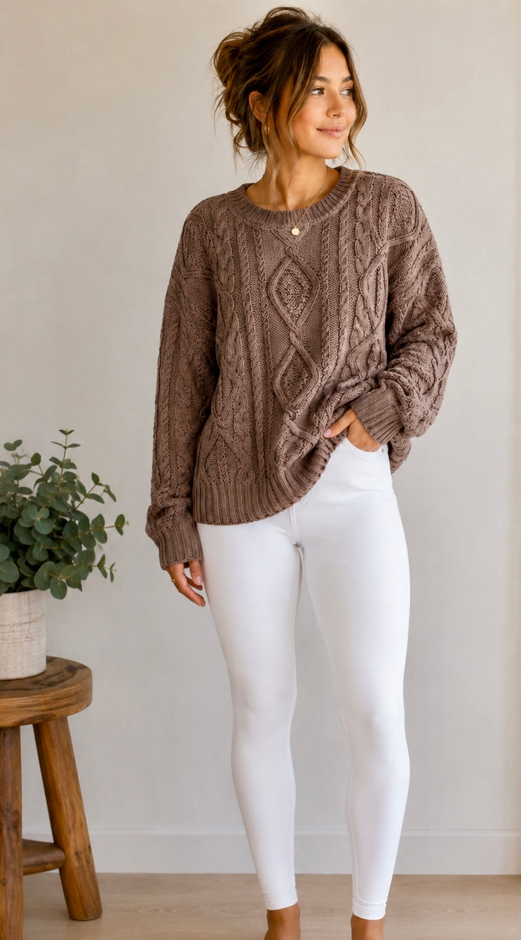 A woman wearing a brown cable-knit crewneck sweater and white leggings, standing in a brightly lit room next to a small wooden stool with a potted plant.