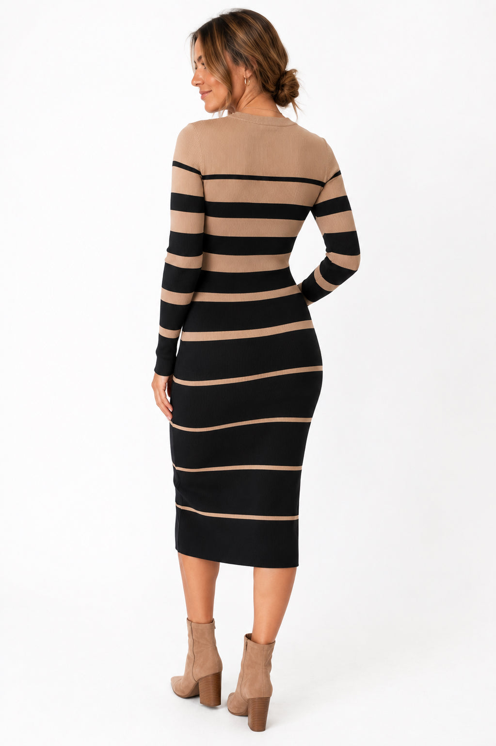 A woman modeling a long-sleeve bodycon midi dress with horizontal black and tan stripes, shown from the back against a plain white studio background.