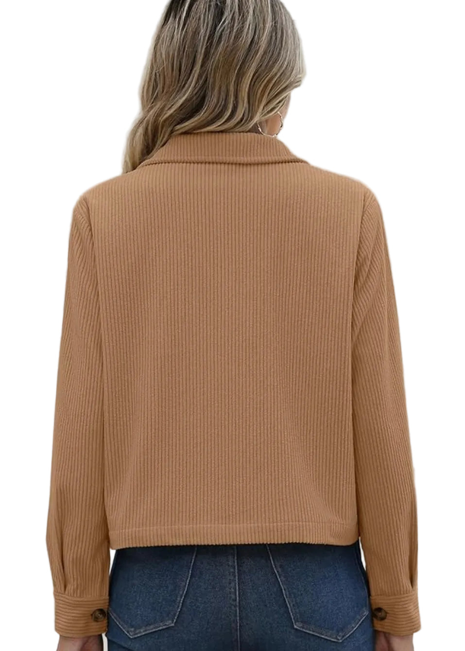 A woman viewed from the back wearing a tan ribbed knit long-sleeve cropped jacket with button cuffs, paired with blue jeans, set against a white background.