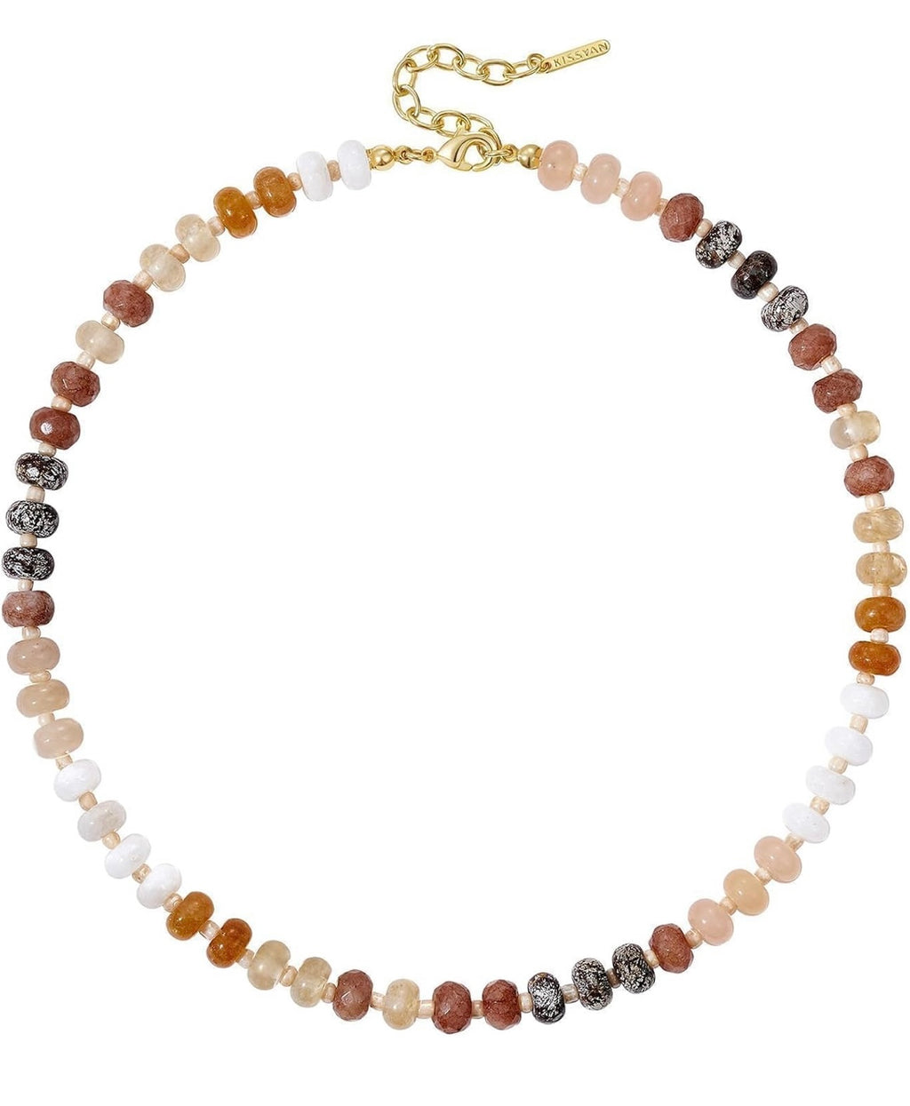 A beaded necklace with a gold clasp, featuring a mix of polished and textured round beads in white, peach, terracotta, amber, and dark gray on a plain white background.