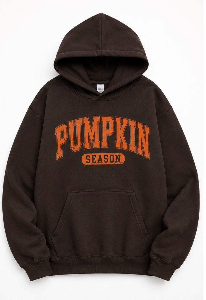 A dark brown pullover hoodie with 'PUMPKIN SEASON' printed in orange varsity-style lettering on the chest, displayed against a clean white background.