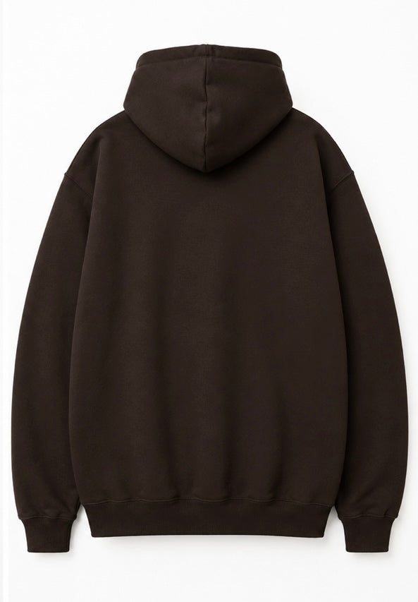 A dark brown pullover hoodie shown from the back, featuring a relaxed fit, ribbed cuffs, and a ribbed hem, photographed against a plain white background.