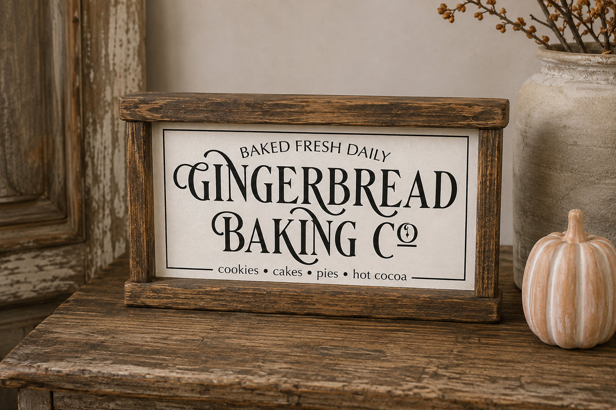 A rustic wooden sign with a white background and black lettering that reads 'Gingerbread Baking Co' styled on a weathered wooden table next to a small decorative pumpkin.