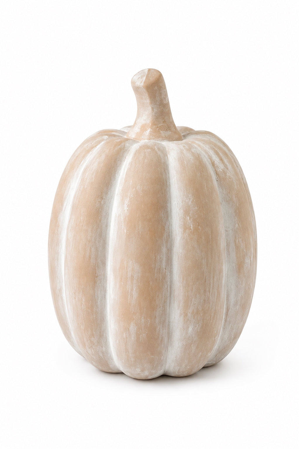 A decorative faux pumpkin ornament with a textured, ribbed surface in a warm beige and white mottled pattern, shown on a solid white background.