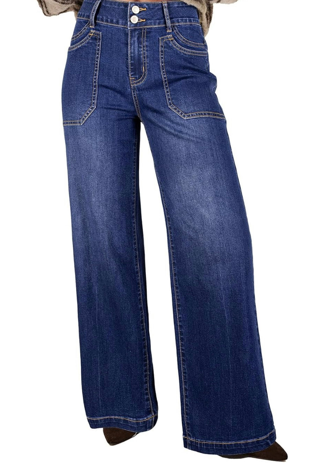 A pair of high-waisted, wide-leg blue denim jeans with a button fly and contrast stitching, shown on a white background.