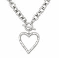 A silver chain necklace featuring a textured, open heart-shaped pendant with a toggle clasp, shown against a plain white background.