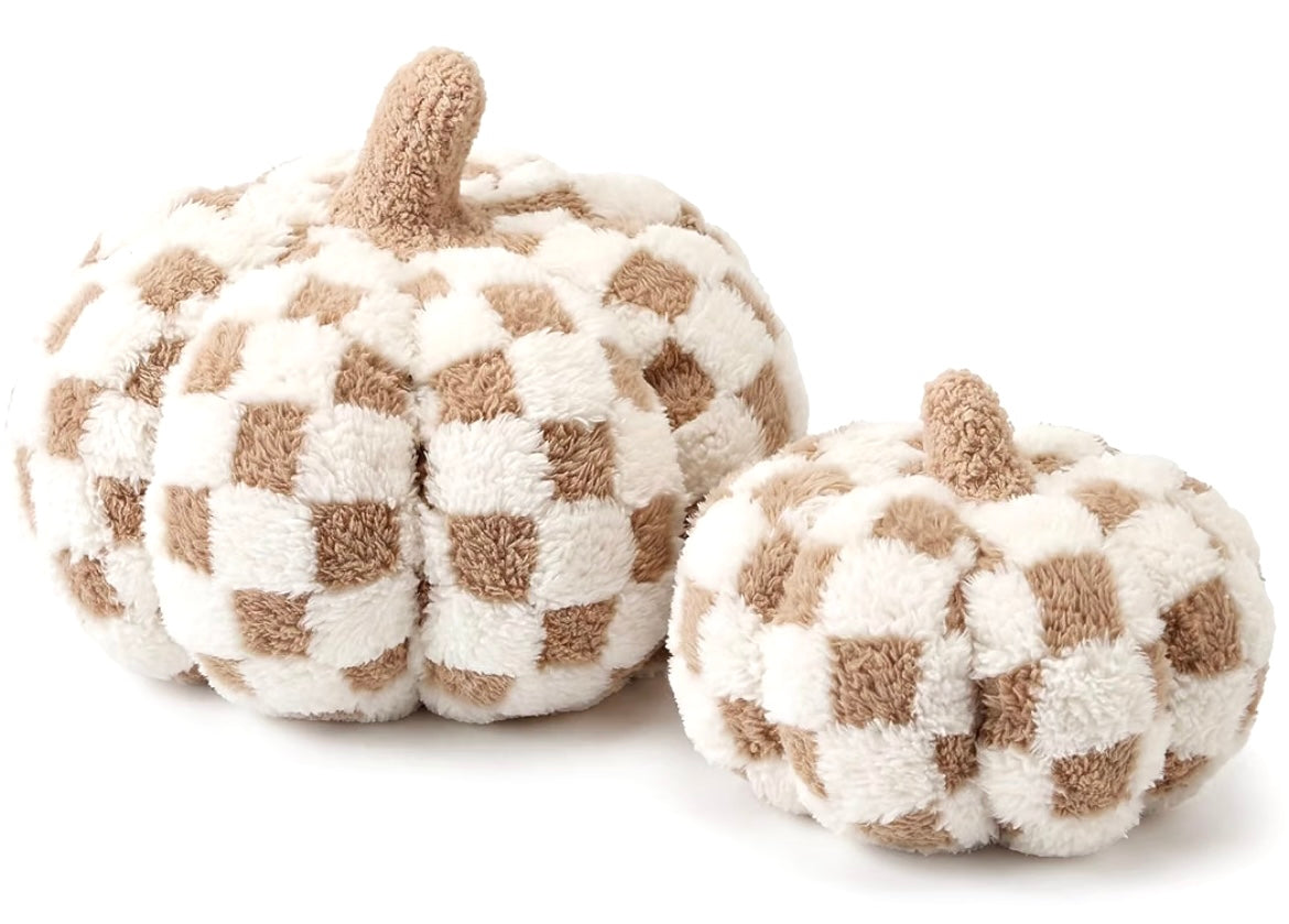 Two plush decorative pumpkins in a beige and white checkerboard pattern, shown on a clean white background.
