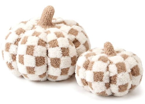 Two plush decorative pumpkins in a beige and white checkerboard pattern, shown on a clean white background.