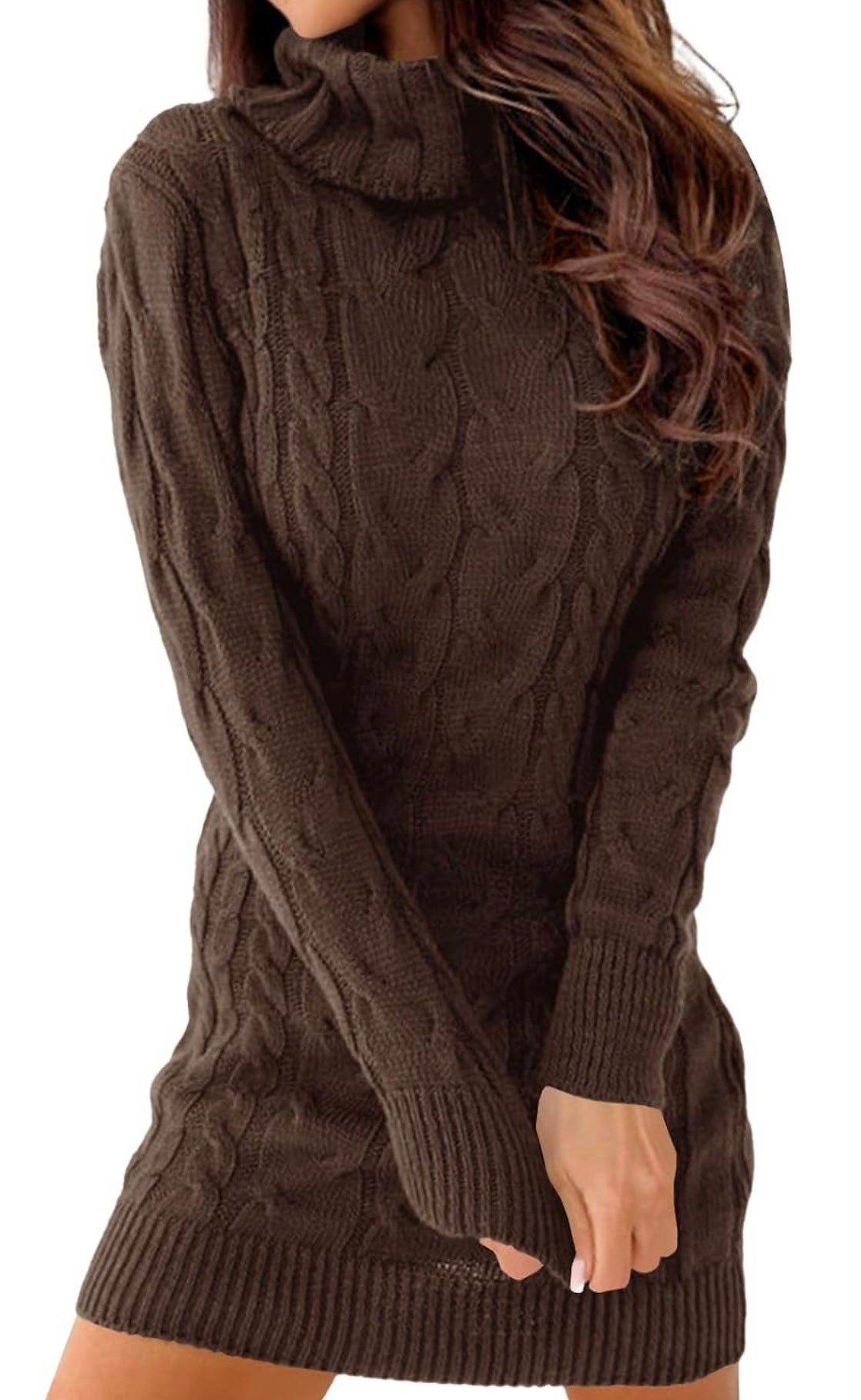 A woman wearing a dark brown cable-knit mock neck sweater dress, shown from the neck down against a plain white background.
