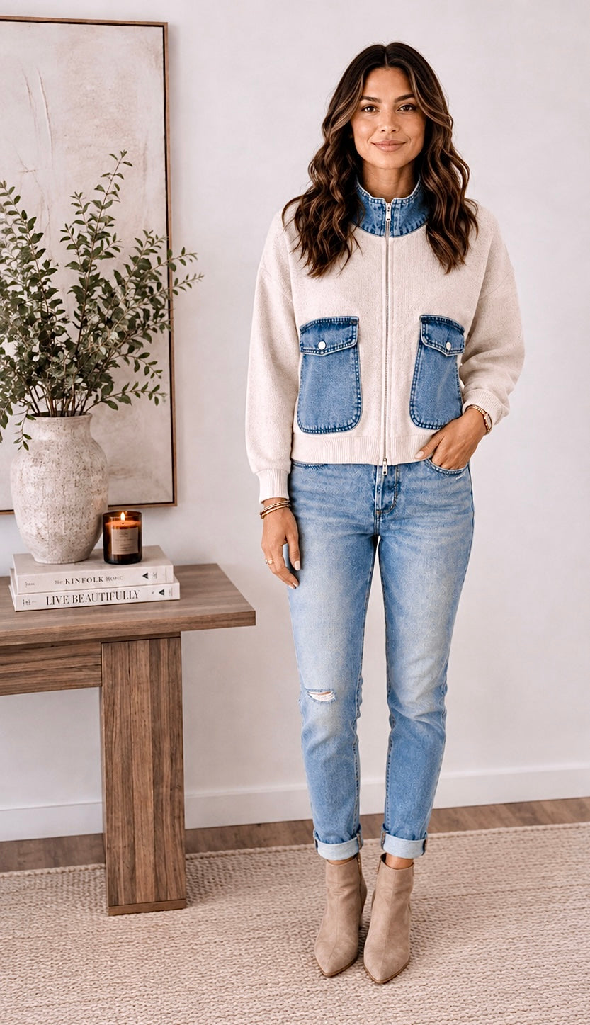 A woman stands indoors modeling a cream zip-front jacket with blue denim pocket details and light blue jeans, posed next to a wooden side table with books and a vase.
