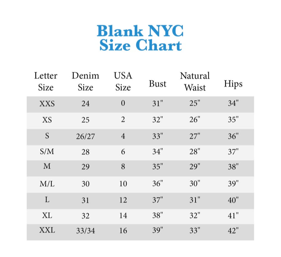 A blank NYC size chart table with columns for Letter Size, Denim Size, USA Size, Bust, Natural Waist, and Hips, titled in blue text at the top on a white background.