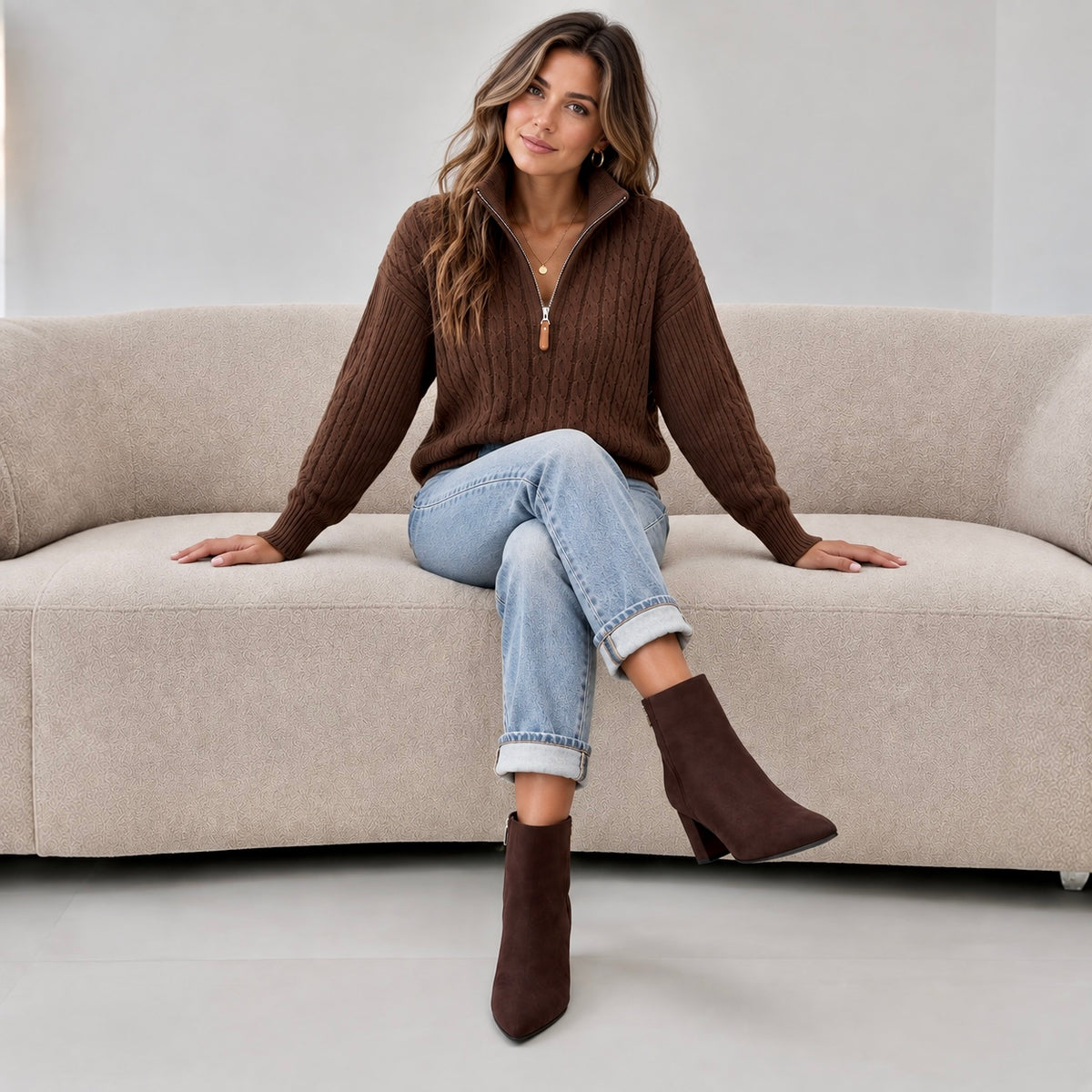 A woman sits on a beige sofa wearing a brown ribbed half-zip sweater, light blue jeans, and dark brown ankle boots.