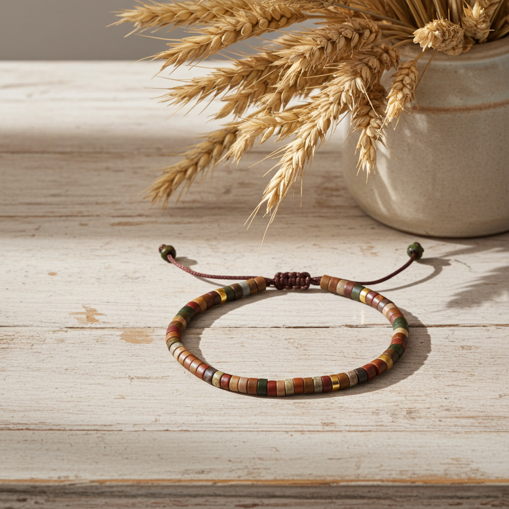 A beaded adjustable cord bracelet with earthy multicolor wooden beads, displayed on a rustic white wooden table with dried wheat stalks in the background.