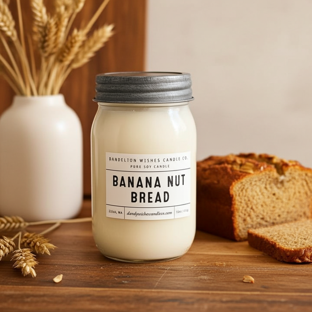 A jar candle labeled 'Banana Nut Bread' by Bandelion Wishes Candle Co. sits on a wooden table with sliced bread and dried wheat in a vase nearby, creating a warm, rustic setting.