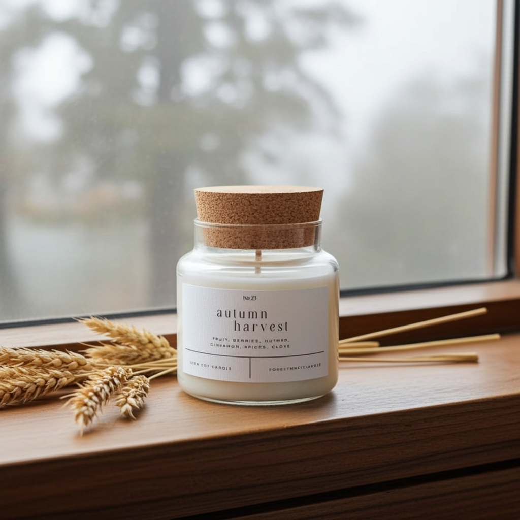 A glass jar candle labeled 'autumn harvest' sits on a wooden windowsill with a cork lid, surrounded by dried wheat stalks and a reed diffuser stick, with a softly blurred window background.