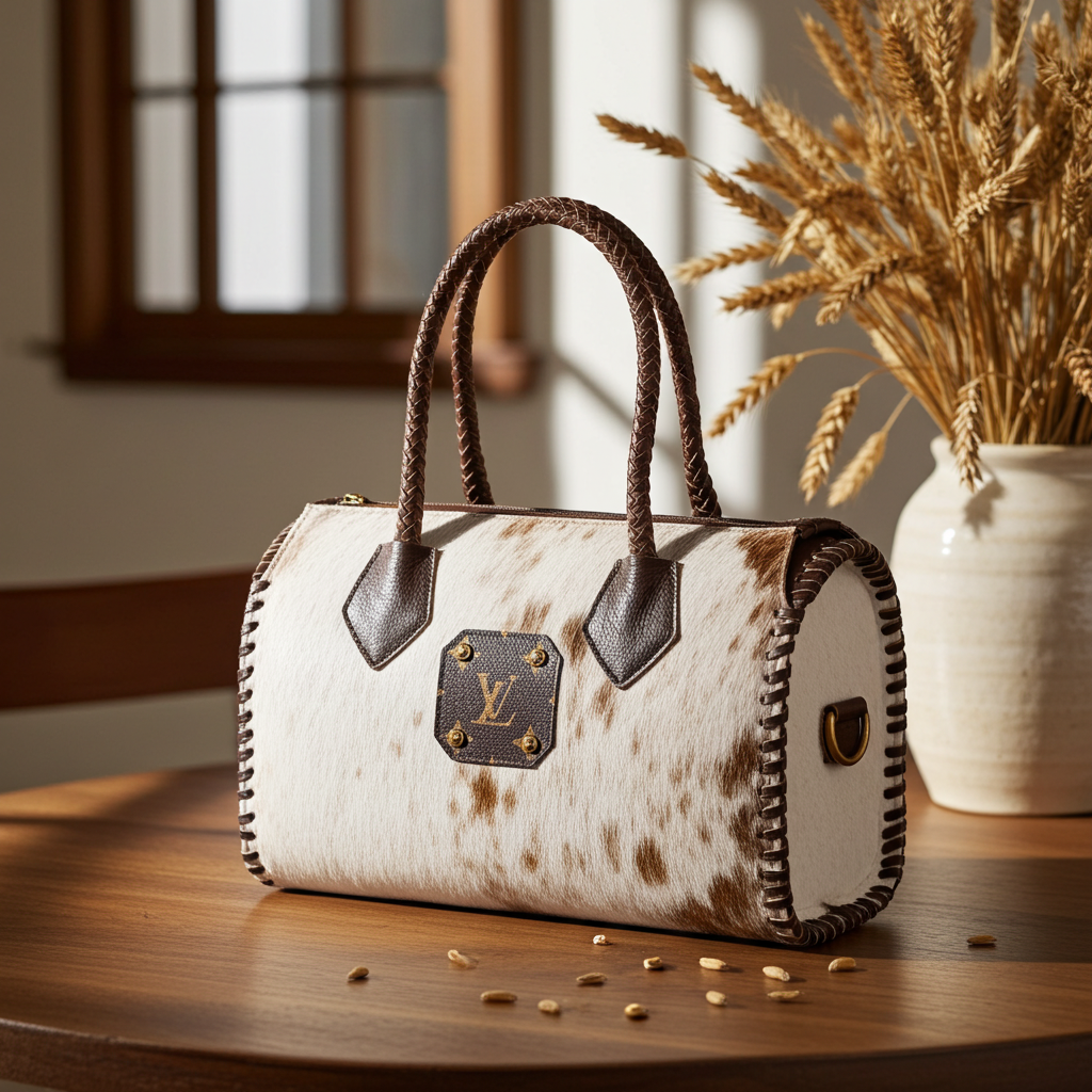A structured handbag with a white and brown cowhide pattern, dark brown leather handles and trim, and a central LV logo plaque, displayed on a wooden table with wheat props.