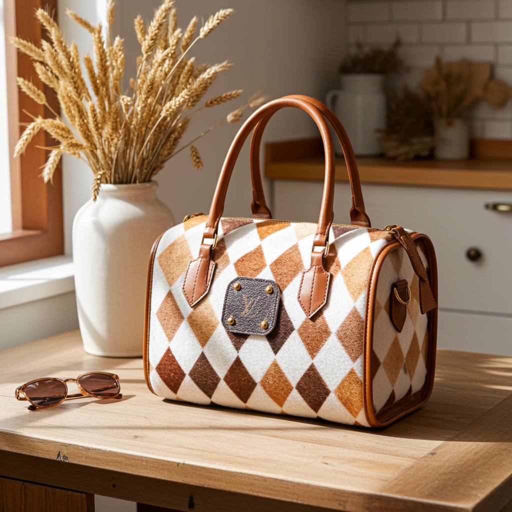A structured handbag with a brown and cream argyle pattern and tan leather handles, displayed on a wooden table next to sunglasses in a warm, sunlit room.