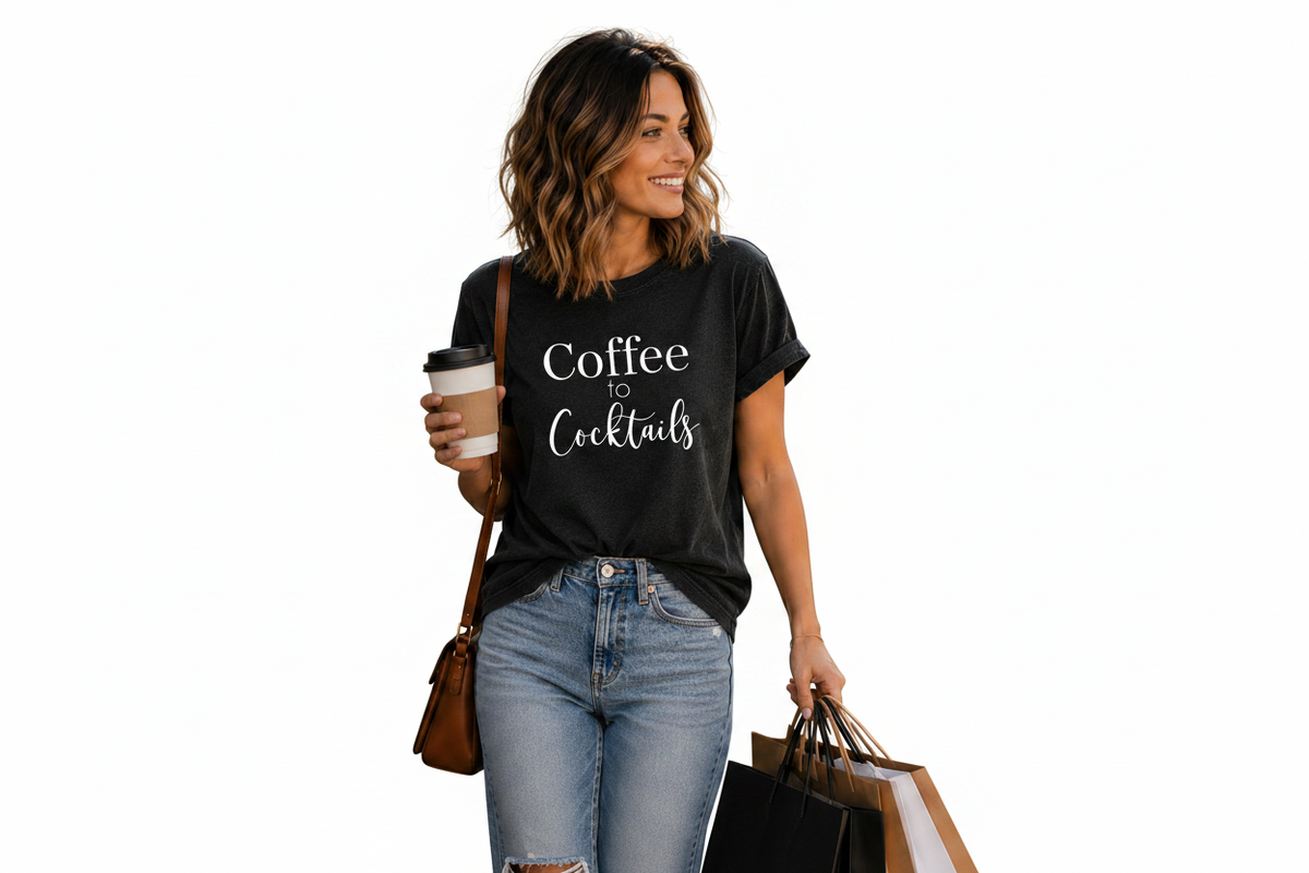 Coffee to Cocktails Tee on White Background